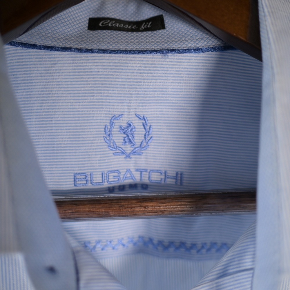 Bugatchi Uomo Mens Light Blue Striped Paisley Damask Classic Fit Dress Shirt L - Picture 2 of 6